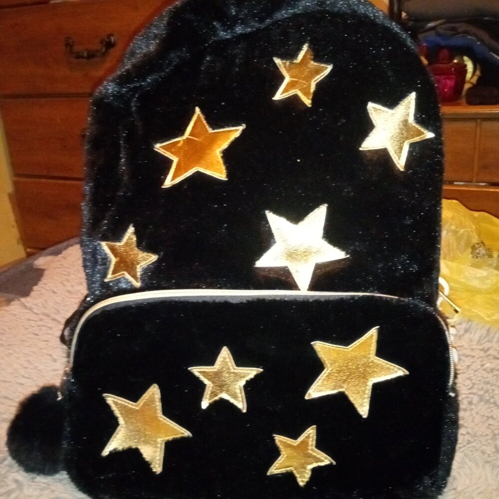 Fuzzy Black Gold Star Backpack Bookbag